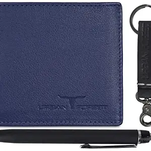 URBAN FOREST Weasley Dark Blue Leather Wallet, Keyring & Pen Combo Gift Set for Men