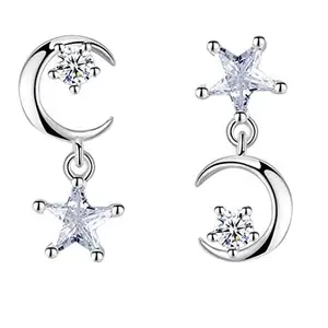 STYLISH TEENS dc jewels Cute Moon & Star Drop Earrings For Women & Girls Swarovski Zirconia Stainless Steel Drops & Danglers