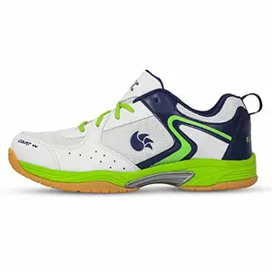 DSC Court 44 Badminton Shoes for Men and Boys with Natural Crape Rubber Non Marking Outsole White-Navy-Green 4 UK