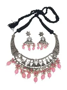 Griiham Oxidised short Necklace set with Pink colour stones for all occasion