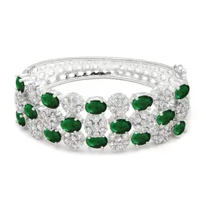 Karatcart Silver Plated Green Cubic Zirconia Studded Hinge Bracelet for Women
