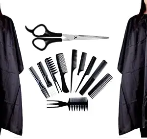 Uniqon Combo Of Professional Hair Styling Combs And Scissors Set With Black Unisex Nylon 2 pcs Hair Cutting Sheet Hairdressing Gown Cape Barber Cloth Makeup Apron