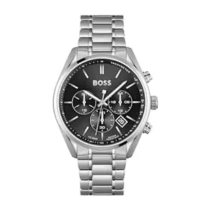 Hugo Boss BOSS Champion Qtz Fashion Chrono Black Round Dial Men's Analog Watch|Stainless Steel Material|Silver Color Band - 1513871
