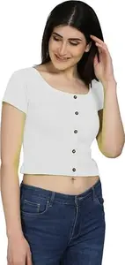 Wingzss Women's Cotton Lycra Solid Half Crop Top white button top__M