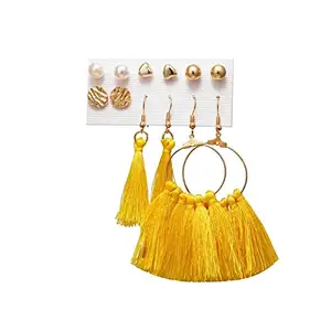 Shining Diva Fashion Women's Latest 6 Pairs Combo Stylish Tassel Base Metal Studs Earrings - Yellow (10665er)