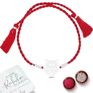 ZULRI 925 Sterling Silver Tiger Rakhi for Bhai Cotton Thread (Bapu Rakhi) | Rakshabandhan Rakhi With Greeting Card & Roli Chawal and Certificate of Authenticity 925 Silver