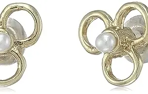 Estele Gold Tone Triple Petals Floral Pearl Stud Earring for Women