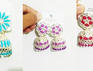 VOGOUEXY Pack of 3 Pair(Purple,Red, Blue) Kundan Long Pearl Hangings Jhumka Jhumki Earrings Jewellery for Women Girls Stylish