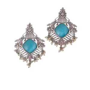 Gouraiya Oxidized Silver Stud Earrings with Intricate Design | Oxidised Jhumka Style | Silver Replica Oxidised Earrings | Oxidised Silver Studs | Polish Designer Earring With Jhumka for Girls & Women (Mishti Floral-Turquoise Pink)