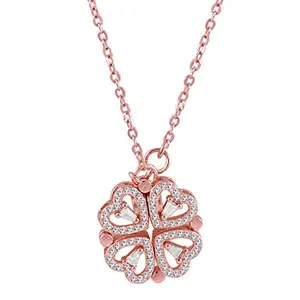 Okos Rose Gold Plated Connecting Hearts Magnectic 2 Way Wearing Pendant Necklace With Chain Studded With White Crystal Stones For Girls and Women PD1000870