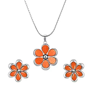 Mahi Monalisa Cats Eye Dark Orange Flower Eye Rhodium Plated Pendant Set for Women NL1103202RDOra