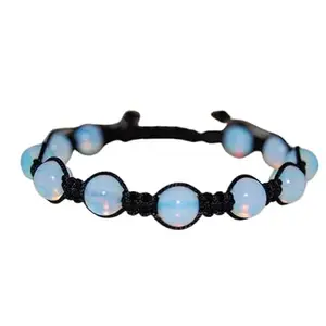 RRJEWELZ Natural Opalite Round Shape 8mm Smooth Beads Black Color Threaded Shamballa Adjustable Bracelet For Men & Women. |TDBR_1372