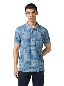 TECHNOSPORT Men's Printed Slim Fit Polo Collar T-Shirt MATPIQ Half Sleeve Button Polyester for Gym Running Workout UPF50+ Anti Odour