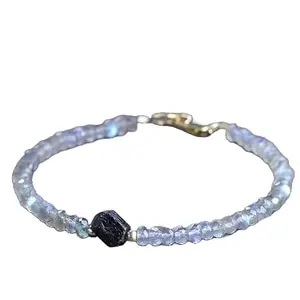 LKBEADS Labradorite With Black Tourmaline bracelet with Silver clasp - 3.5mm Rondelle & Fancy beads- Faceted Cut -7 Inch Bracelet– Healing, Fashion, Gift, Spiritual, Yoga|LK_STACK_08018