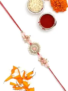 Karatcart Gold Plated Pink Crystal Kundan Bhiya Rakhi with Roli & Chawal