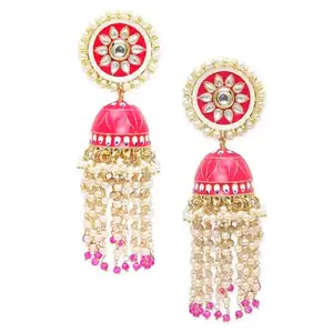 fabula Jewellery Rani Pink Jhumka Earrings - Long Pearl Tassel Meenakari Design For Women & Girls Stylish Latest (RN-EHC77_AFR1)