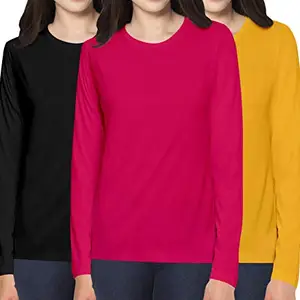 Pooplu Women's Regular Fit Premium Combo Round Neck Full Sleeves Pack of 3 Cotton Plain Black, DarkPink, Yellow t-Shirts. Casual, Stylish, Plain Pootlu Tshirts.(Oplu_Multicolored_X-Large)