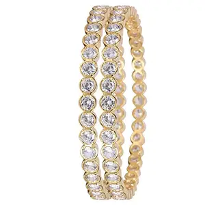 Ratnavali Jewels Latest CZ/AD American Diamond Studded Gold Plated Traditional White Round Solitaire Bangles Set for Women Girls
