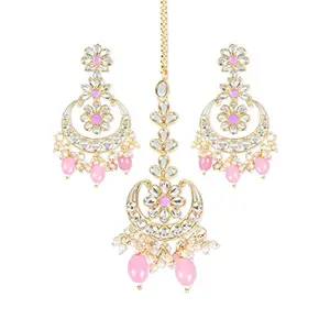 I Jewels Gold Plated Traditional Kundan & Pearl Chandbali Earrings with Maang Tikka Set for Women/Girls (TE3023Pi)