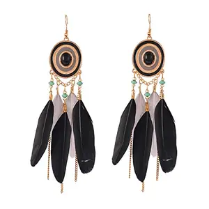 Aaishwarya Geometric-Design Beaded With Black And Grey Feather And Chain Drop Earrings For Women And Girls