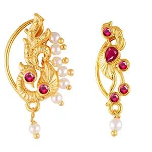 VIVASTRI FASHION JEWELLERY Vivastri Premium Gold Plated White Pearl,Moti Beaded Alloy Nath,Nathiya,Nosepin,Nosering,Guttapusalu For Women & Girls -VIVA1150-1158NTH-Press-Red