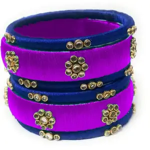 HARSHAS INDIA CRAFT Hand Craft Silk Thread Bangles Plastic Bangle Set For Womens (dark Blue-Purple) (Pack of 6) (Size-2/0)