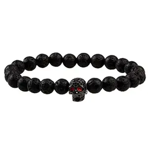 THE MEN THING INTERNO BLACK SKULL - Natural Beads Bracelet - Oxy Black Toned Skull with Red Stone in Eyes (7inch)