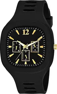 Dhadak Collection Digital Sports Square Multi Dial Watch Analog Wrist Watches with Broad Silicone Strap for Mens Women Boys & Girls (Black)
