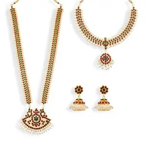 Bharathanatyam Set Kempstone Bridal Set Handmade Long Pearl Haram And Necklace Jumka(AD:0017)