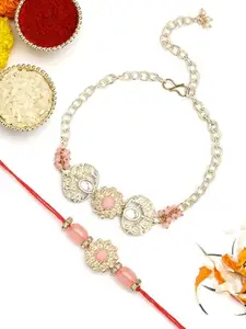 Karatcart Pink Stone Hearl Shape Handmade Kundan Bhaiya Bhabhi Rakhi with Roli & Chawal