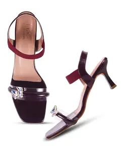 JM LOOKS Women's Kitten Heeled Sandal with Butterfly Embellished Strappy Heels pull-on Open Square Toe for Wedding, Party, Casual, Office - Cherry