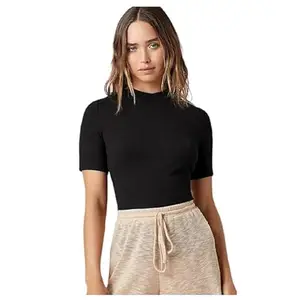 FIND_X Stylish Fashion and Comfort Half-Sleeve Rib Knit Cotton Round Neck Western Slim Fit Tops T-Shirt for Women and Girls Every Occasion Formal, Casual, Office, Dates, Outings. (Black) (Medium)