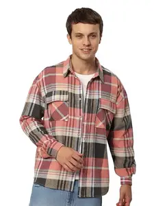 Beyoung Pink Recycled Plaid Flannel Shirt for Men
