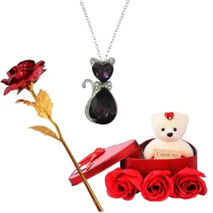 University Trendz Valentine's Day Gift Combo of Little Cat Pendant Necklace with Red Rose Flower Box and Soft Teddy Bear (Pack of 3)