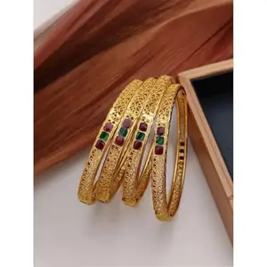 Gold Brass Twinkling Chunky Bracelet/Bangles for Women | Non-Adjustable | Artificial Stones | Size 2.4 | 4 Pcs | 1tap41_B&B_2.8