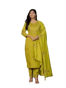 SAMRAGNI Women’s Elegant Straight Kurti Pant Dupatta Set | Viscose Silk Embroidered Kurta | Chanderi Silk Digital Print Dupatta