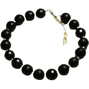 RRJEWELZ Black Jade Bracelet for Men & Women – 8mm Round Faceted Black Beads – 7 inch Adjustable with Silver Plated Clasp – Healing, Fashion, Gift, Spiritual, Yoga|LCBR_RR_01029