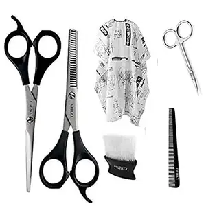TWIREY 6 In1 Professional Parlour Cutting Set( 1 x cutting shear; 1 x thinning scissor; 1 x Hair cutting and grooming comb; 1 x Nose Hair cutting scissors;1 x Neck Duster Brush, 1 x Hair Cutting Cloth (Cape) (PACK OF 6)