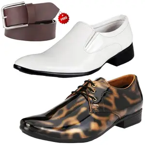 Graceful Formal Shoes/Party Shoes/ 2 Shoes Combo with Free Belt for Men and Boys (BAZAAR8574_VTR01-Blk-Gld-2004-Wht) Multicolor