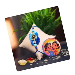 Decorative Rakhi Set with Blue Thread Design, Festival Gift Pack With Fridge magnet, rice and kumkum