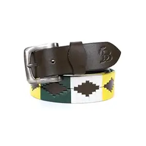 Premium Leather Belt for Men with Handwoven Pattern Strap & Metal Buckle – Brown with Green, Yellow & White Pattern – Casual & Formal Wear