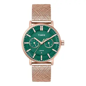 TIMEX Analog Watch for Women with Green Round Dial & Rose Gold Stainless Steel Bracelet Band Water Resistant Women's Wrist Watches - TWEL20302