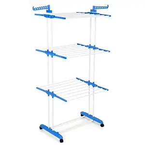 ABOUT SPACE 5.5 ft Clothes Drying Stand - 3 Layer Foldable Cloth Dryer Stand, Portable with Castor Wheels, 24 Hanger Rods & 2 Wings - Anti Rust Steel Double Pole (Blue - L 75 x B 50 x H 168 cm)