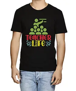 Caseria Men's Round Neck Cotton Half Sleeved T-Shirt with Printed Graphics - Life Teacher Teach (Black, L)