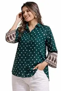 Women's Printed Shirt, Long Sleeve, Embroidered Cuffs, Collared Neck, Casual Ethnic Wear (in, Alpha, M, Regular, Red-Ajrakh)