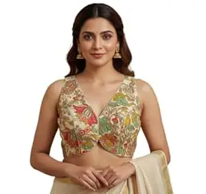 The Ethnic Folk Women's Multi-Color Floral Kalamkari Printed Crepe Silk Blouse | Elegant Deep V-Neck Sleeveless Padded Saree Choli with Gold Accents (Size 34-40 Alterable)