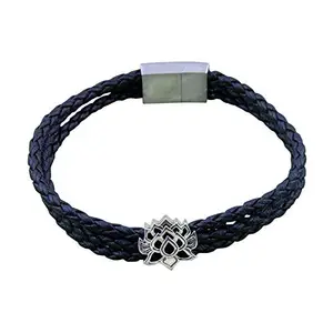 FOURSEVEN® 925 Sterling Silver Lotus of Enlightenment Story Bead with Black Triple Layer Faux Leather Magnetic Clasp Bracelet - Medium-to-Large for Men and Women