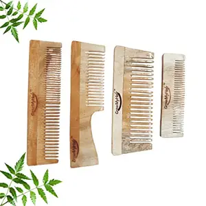 GrowMyHair Neem Wood Comb Anti-Bacterial Anti Dandruff Comb for All Hair Types, Promotes Hair Regrowth, Reduce Hair Fall (Set of 4, Wide & Thin, Broad, Handle, Pocket Comb)