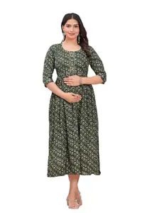 GOPI Raju Women's Cotton All Over Print Maxi Maternity Gown Kurti Night Dress Green