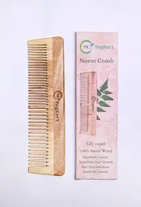 YOGKART Kacchi Neem Wooden Comb - Soaked In 17 Herbs, Neem & Sesame Oil For Multi-Actions - Detangling, Frizz Control & Shine,Suited For All Hair Types (Dual Tooth)